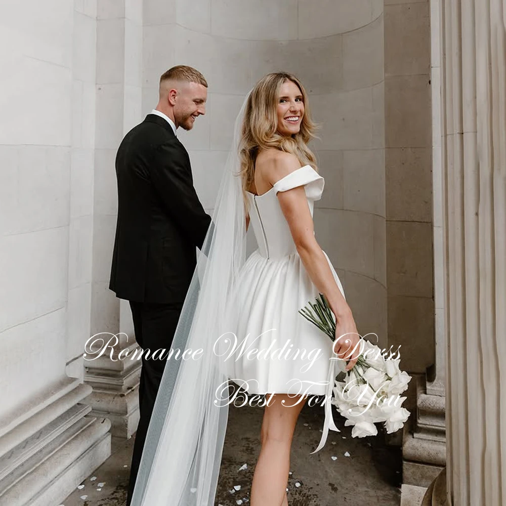 ชุดแต่งงานทรงเอไลน์แบบสั้นเปิดไหล่ ดีไซน์จีบสมัยใหม่ คอวี เปิดหลัง สำหรับผู้หญิง ปี 2025 ชุดเจ้าสาวแบบสั่งตัดได้