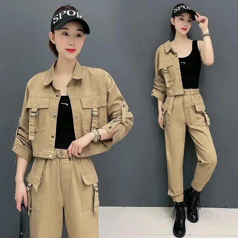 Spring Autumn New Strap Up Straight Leg Pants+short Age Reducing Jacket Fashion Temperament Workwear Two-piece Set for Women