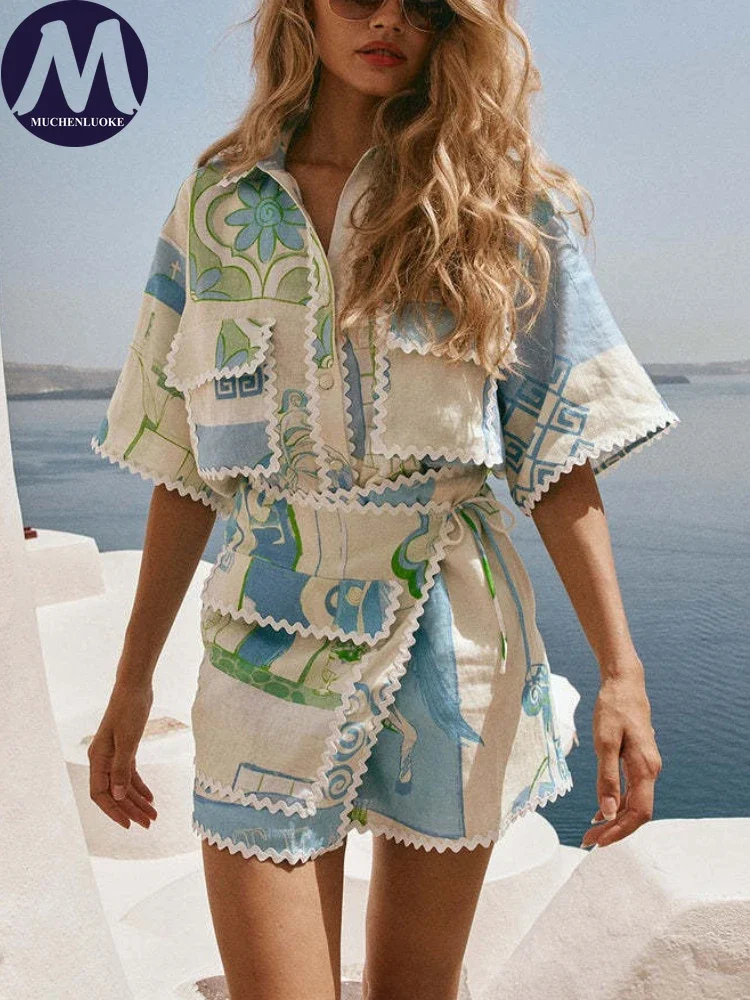Ladies Summer Two-Piece Set Casual Loose Lace-Up Top with Mini Dress Print Half Sleeve Lace Top Versatile Fashion Outfit