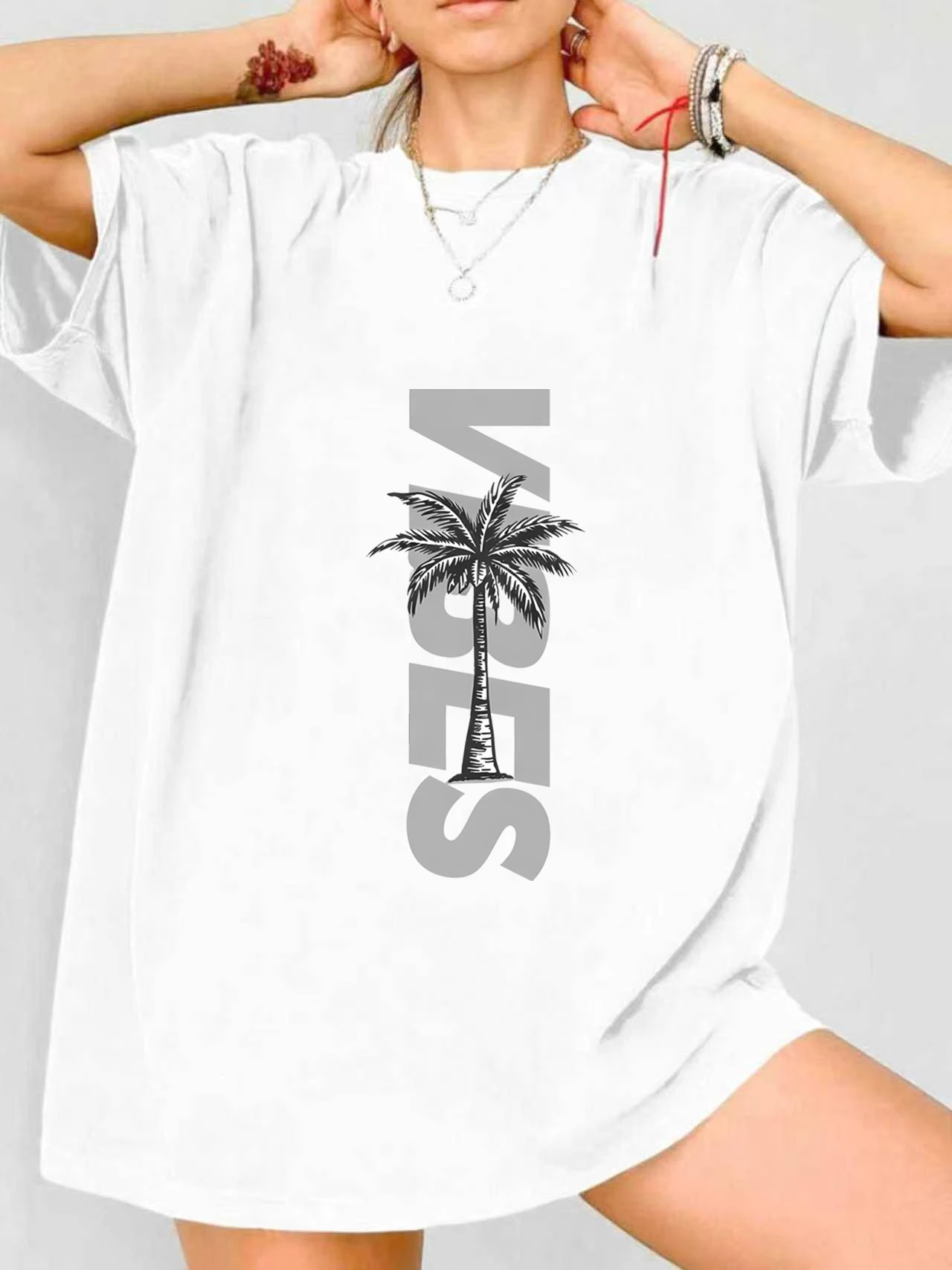 

【JYDX112334】Coconut tree print plus size women's round neck summer casual short sleeved street fashion versatile T-shirt