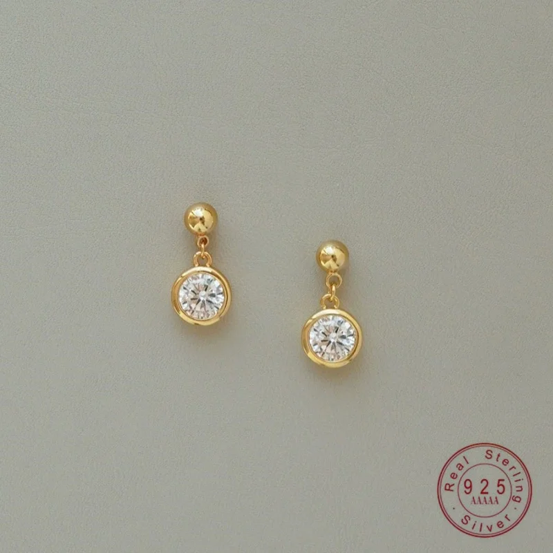 S925 Sterling Silver Plated 18K Gold Round Zirconia Mini Pendant Earrings Hypoallergenic Women Daily Jewelry Gift