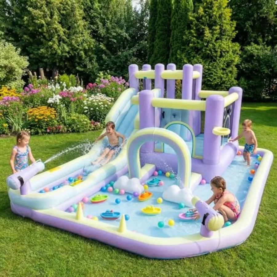 

Inflatable Bounce House with Rainbow Arch Outdoor Bouncy Castle in Blue and Yellow Featuring Long Water Slide 750W Blower Pitch