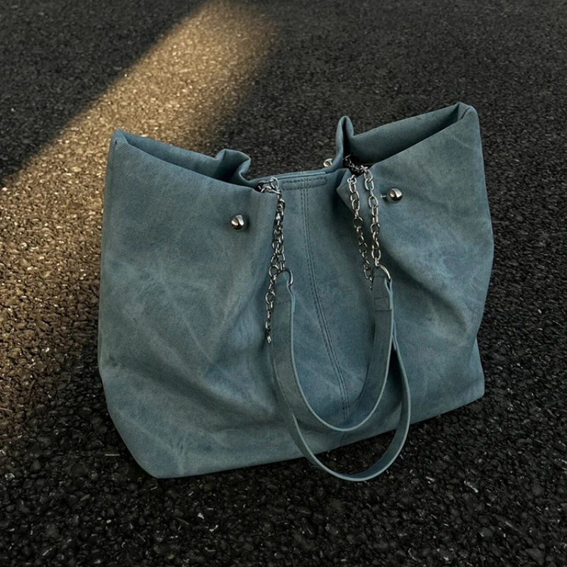 Y2k Fashion Simple Student High-capacity Tote Bags Luxury Design Denim Chain Shoulder Bag New Streetwear Grunge Women's Handbags