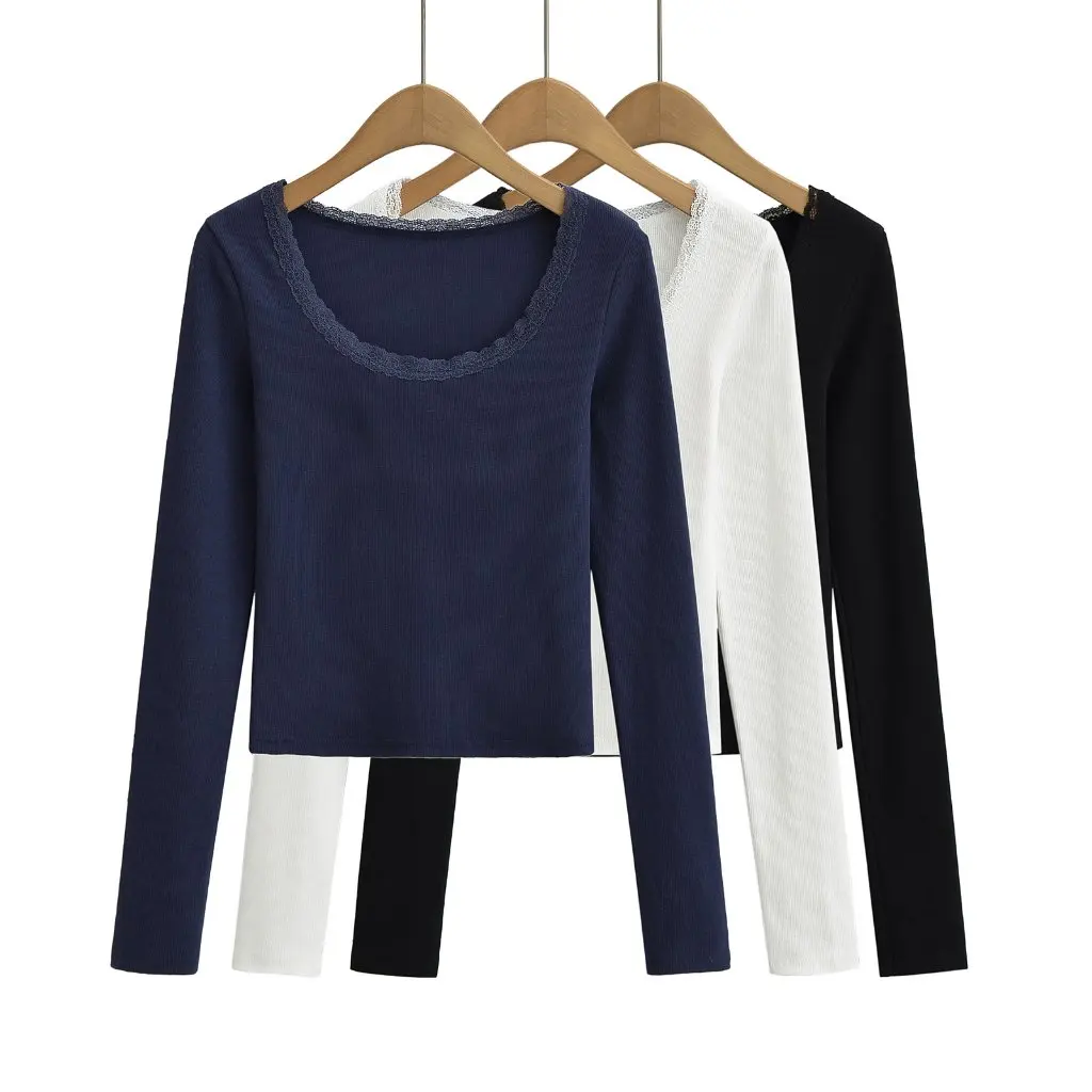 

Женская облегающая футболка с длинным рукавом и U-образным вырезом с кружевным краем, однотонный топ для осени и зимы, модная облегающая внутренняя одежда
