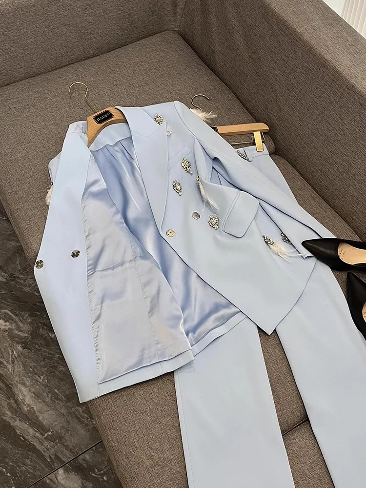 Blazer de manga larga con muescas y cuentas para mujer, traje de oficina liso de estilo elegante, pantalones acampanados ligeros de alta calidad, 2
