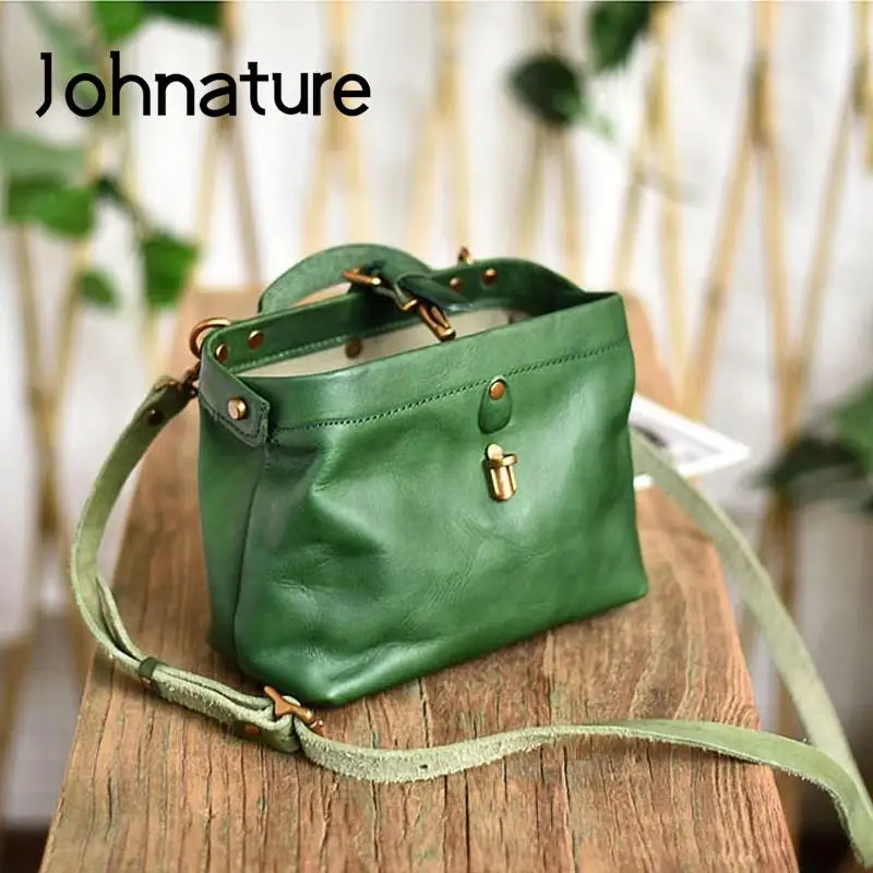 Johnature Vintage Doctor\'s Bag 2024 New Genuine Leather Women Handbag Simple Solid Color Real Cowhide Shoulder & Crossbody Bags