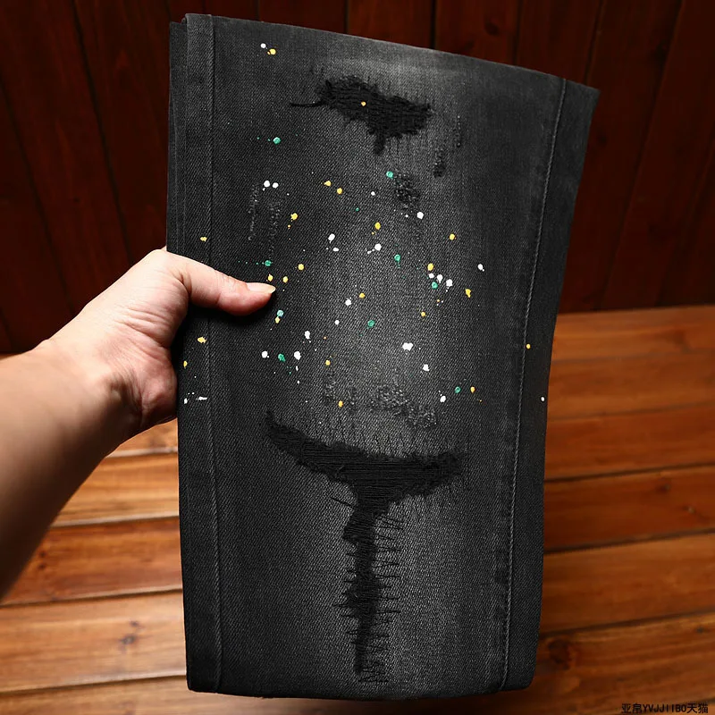 Black Distressed Men Jeans With Patches And Splashed Ink Fashionable And Personalized Casual Elastic Slim Fit Straight Leg Denim