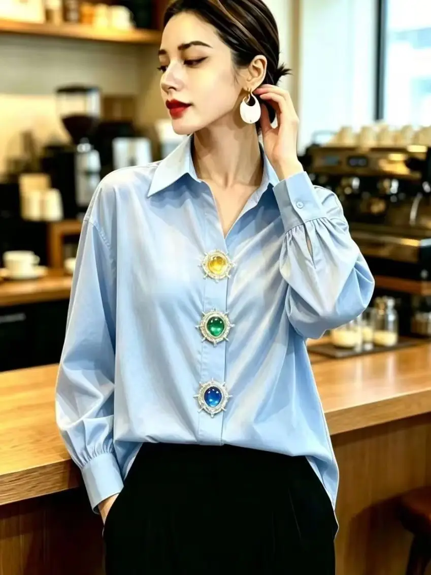 High-end Detachable Sparkle Diamonds Cotton Shirts and Blouses for Women Long Sleeve Top Blusas Women's Loose Casual Shirt Top