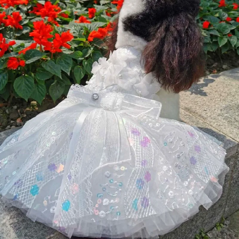 

White Pet Wedding Dress Luxury Handmade Sequin Flower Lace Bow Princess Dress for Small Medium Dog Chihuahua Puppy Coat Clothing
