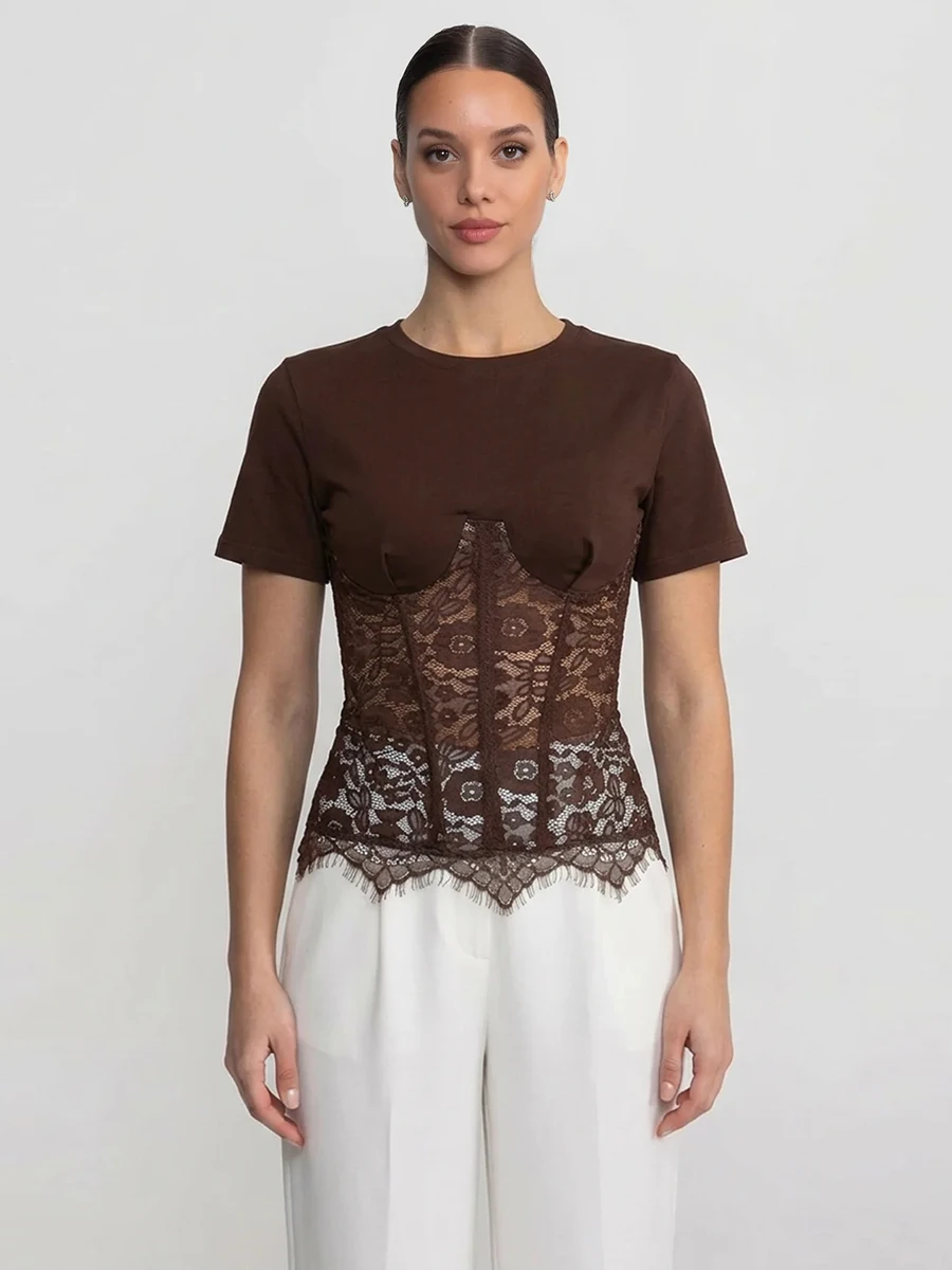 TWOTWINSTYLE Street Style Black Lace Corset T Shirt for Women Round Neck Short Sleeve Waist Cinched Design for Casual Outings