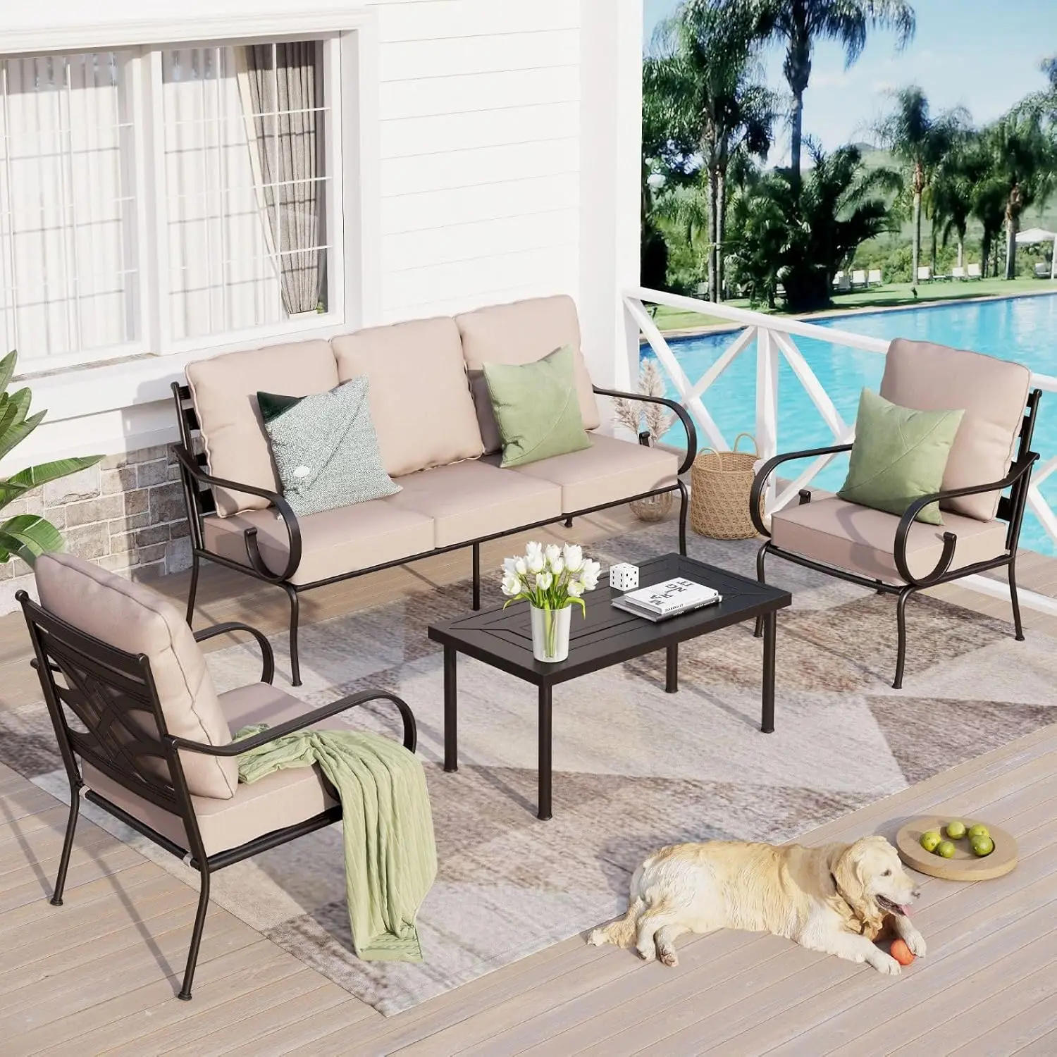 Patio Furniture Set, Outdoor Conversation Sets 5 Seat Clearance with 3-seat Sofa x 1, Cushioned Chair x 2, Metal Coffee