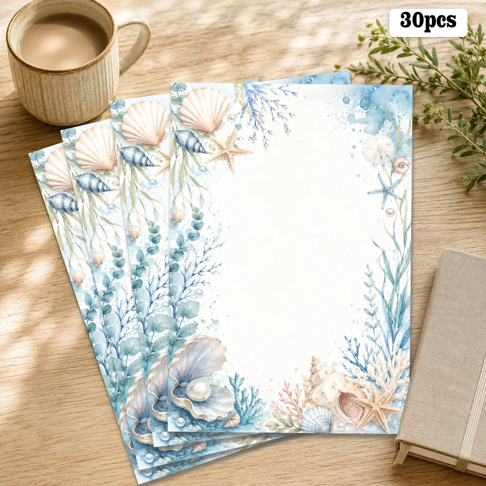 30 Sheets, B5, Seashell And Coral Themed Writing Paper, Lined, Without Glue, Very Suitable For Notebooks, Memos, And Stickers