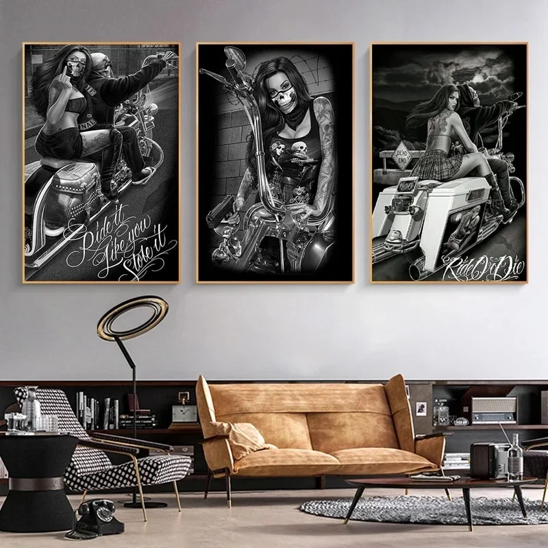 Tattoos Girl Knight Ride A Motorcycle Canvas Painting Black and White Posters Mexican Chicano Culture Wall Decor Art Pictures