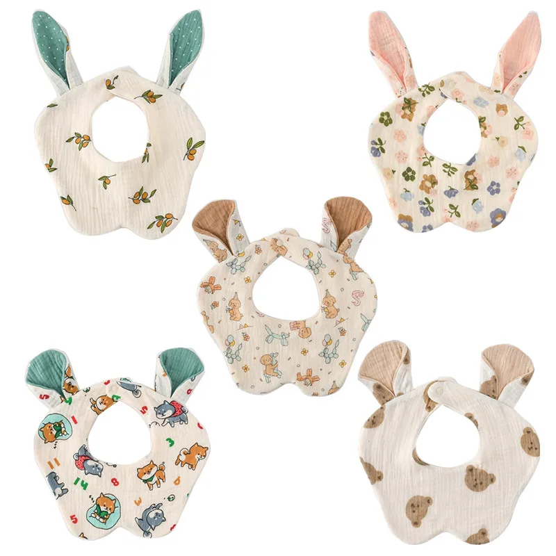 

New Designs Cartoon Bunny Ear Baby Bibs Thick Cotton Gauze Muslin Newborn Burp Cloths Feeding Drooling Bib Infant Saliva Towel