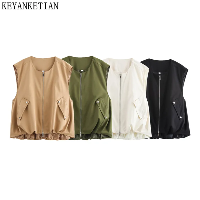 

KEYANKETIAN Autumn New Women's Outdoor Vest Sleeveless Jacket, Women Zipper Vest Jacket, Pleated Diagonal Pocket Top