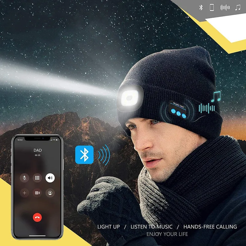 Bluetooth Beanie Hat with 5 LED Light USB Rechargeable Music Hat W/ Headlamp Headphone Speaker Mic for More Outdoor Activities