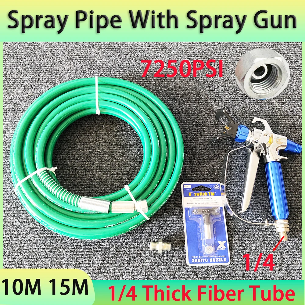 

Airless Paint Spray Hose Kit Spray Gun 1/4 BSP 7250PSI High Pressure Double-Layer Fiber-Nylon Tube w/ 517 Tip and Tip Guard ﻿