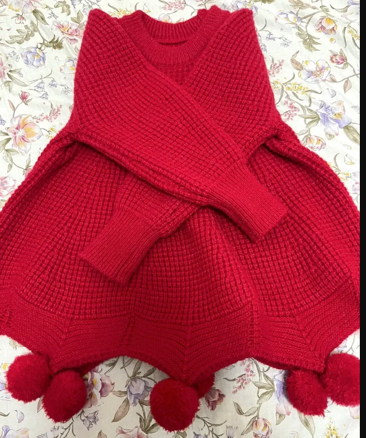 2-10Years Toddler Kids Knitted Sweaters for Girls Cute New Year Party Clothing Children Red Loose Sweater Tops 3 4 5 6 7 8 9