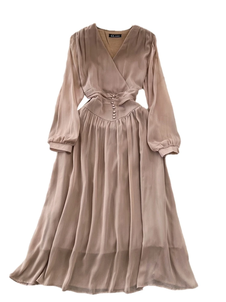 Primavera Autunno Pausa tè Gentle Wind Bubble Long Sve V Ne Vita stretta Slim a Line Chiffon Dr Pendolarismo Colore puro Midi...