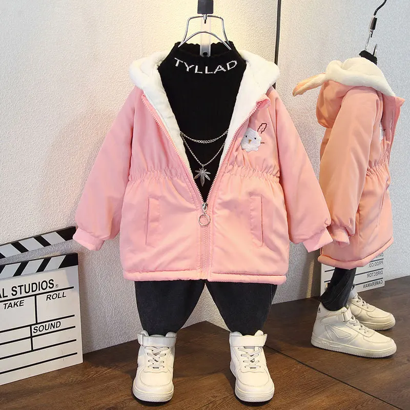 2 3 4 5 6 7 8 Years New Winter Girls Jacket Plus Velvet Keep Warm Kids Jacket Windbreaker Hooded Children's Outerwear Clothing