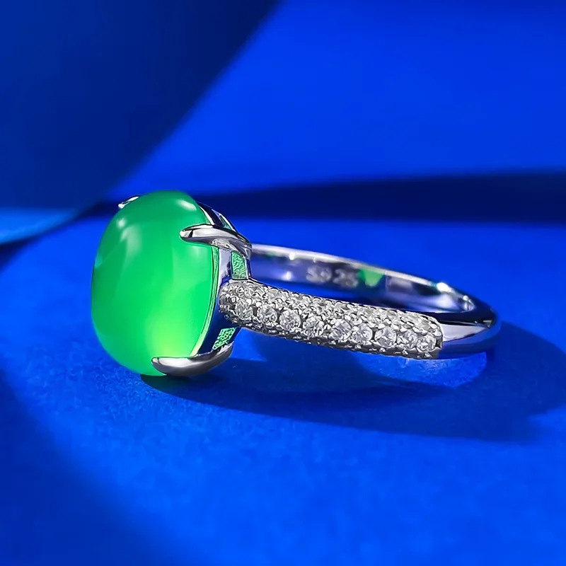 Jewelry Live Streaming Hot Selling 925 Silver Plated Inlaid with High Ice Green Chalcedony Temperament Style Large Egg