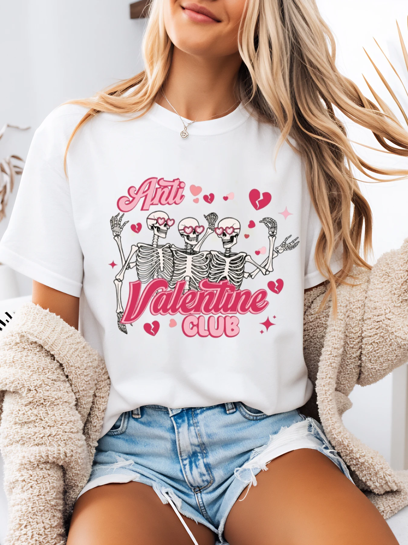 

Anti Valentine Club Skeletons Print t Shirt Valentine Day Women Casual Wear White Plus-Size