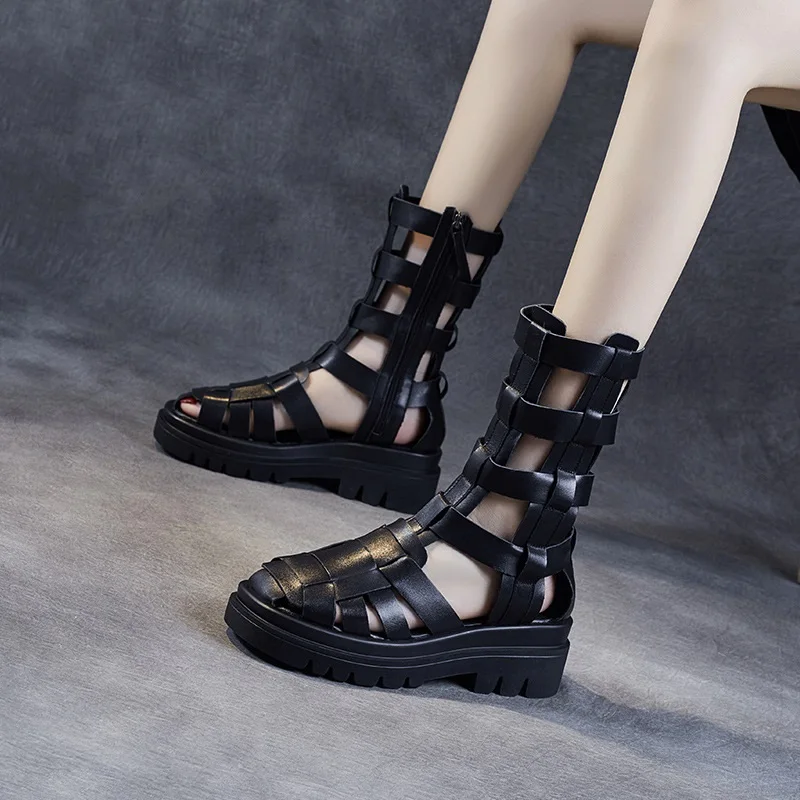 DRKANOL Street Style Women Gladiator Sandals 100% Genuine Leather Hollow Wedges Platform Sandals Women Summer Casual Cool Boots