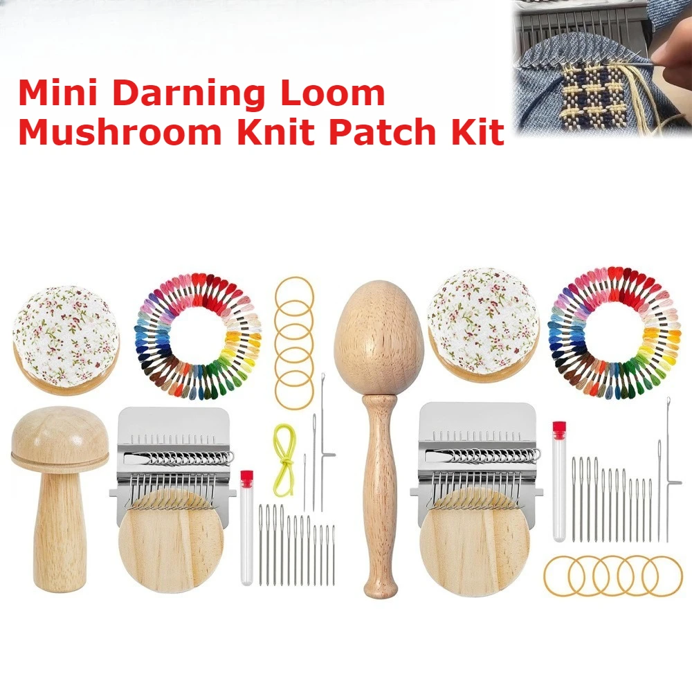 Mini Darning Loom Mushroom Knit Patch Kit with 14 Hooks Small Weaving Loom for Handmade Sewing Mending DIY Craft Supplies