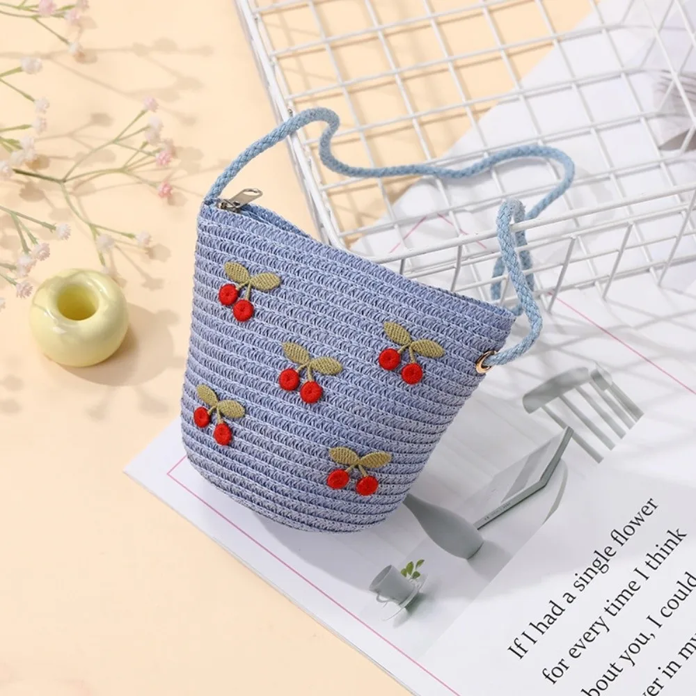 Cute Red Cherries Children Straw Bag Zipper Photo Props Crossbody Bags Small Wallets Beach