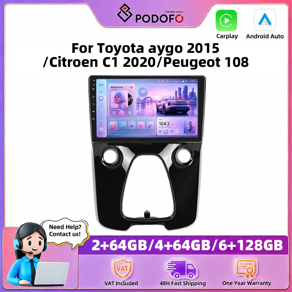 Autoradio Podofo 10 pouces pour Toyota Aygo 2015/Citroën C1 2020/Peugeot 108, Carplay sans fil, Android Auto, systèmes de voiture intelligents, navigation GPS, lecteur multimédia, MirrorLink, BT, WIFI, autoradio