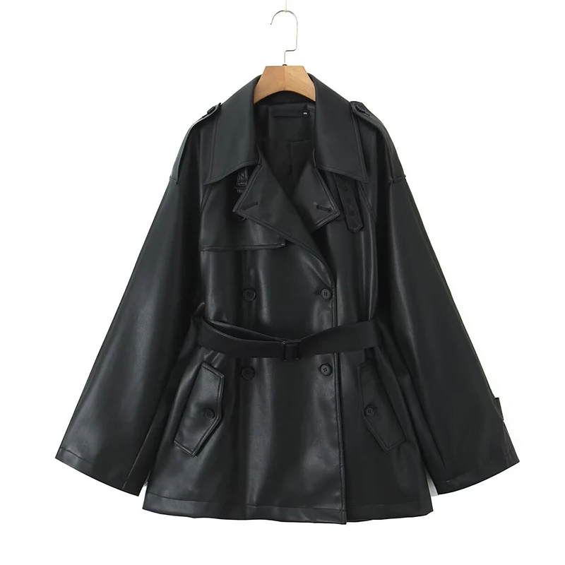 YENKYE Women Black Faux Leather Trench Coat Long Sleeve With Belt Double Breasted Oversize Windbreaker Autumn Winter Overcoat