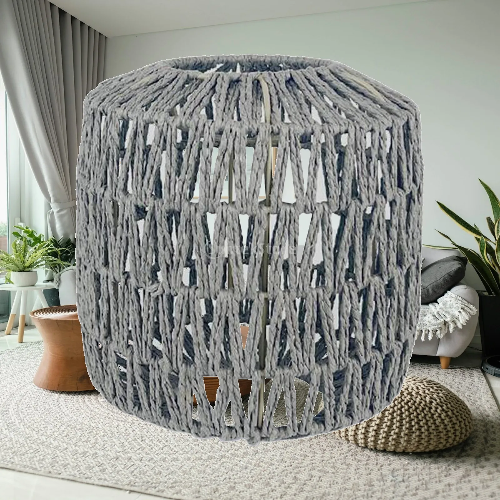 Boho Wicker Lampshade for Pendant Ceiling Light Handwoven Rattan Lamp Shade Only Natural Paper Rope Metal Frame Nordic Hanging