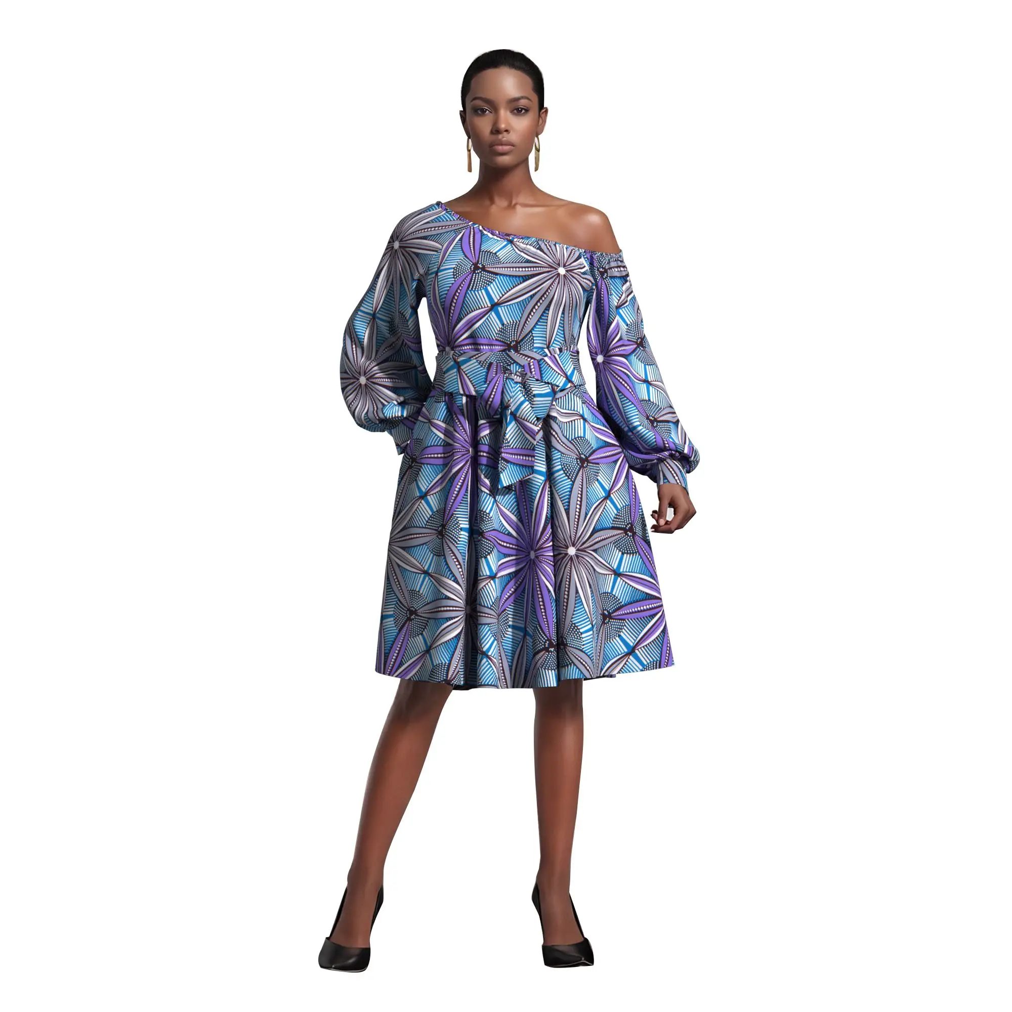 

African Dresses for Women Ankara Print Long Sleeve Dashiki Dresses Party Evening Dress Knee Lenght Nigerian Clothes WY7280