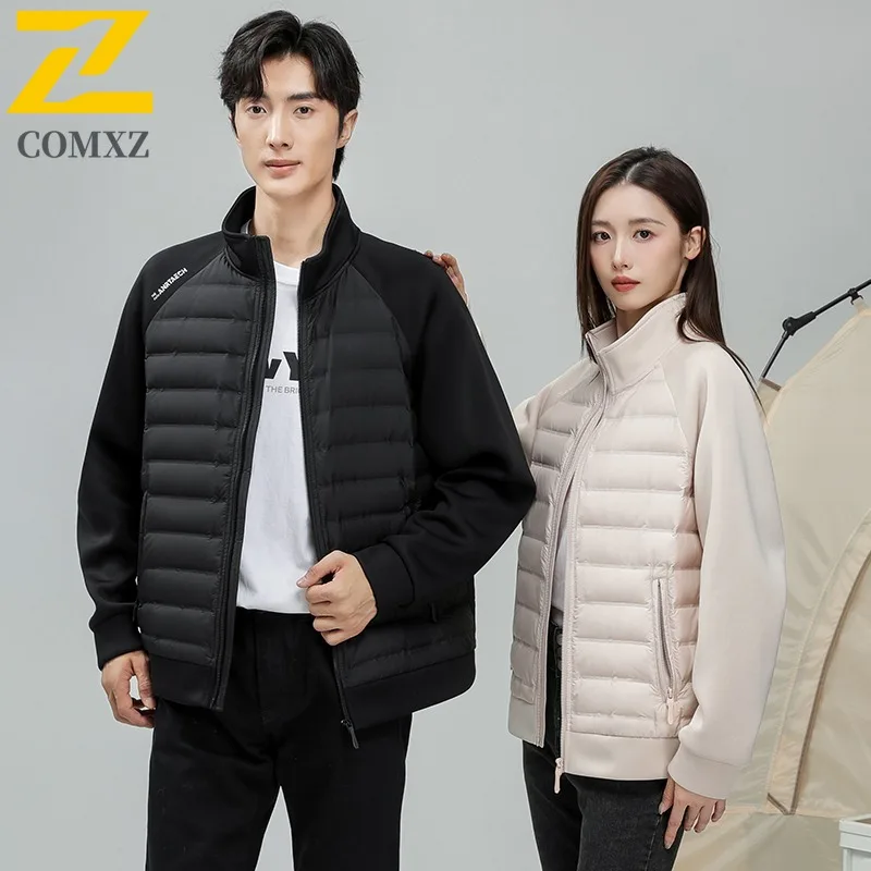 

COMXZ Новый национальный стандарт, 90% белый утиный пух, зимнее термопальто, легкий пуховик с вязаными рукавами и воротником-стойкой, пара, 2025 г.