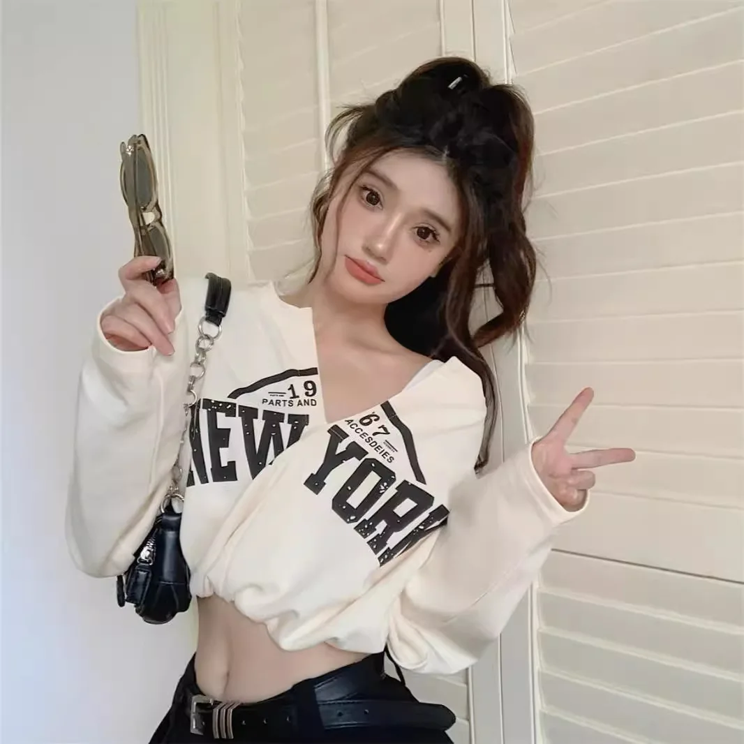 

2026 Spring Autumn Women's American Style Fake Two Piece V Neck Printed Sweatshirt Loose Drawstring Crop Top Slim Fit Sexy