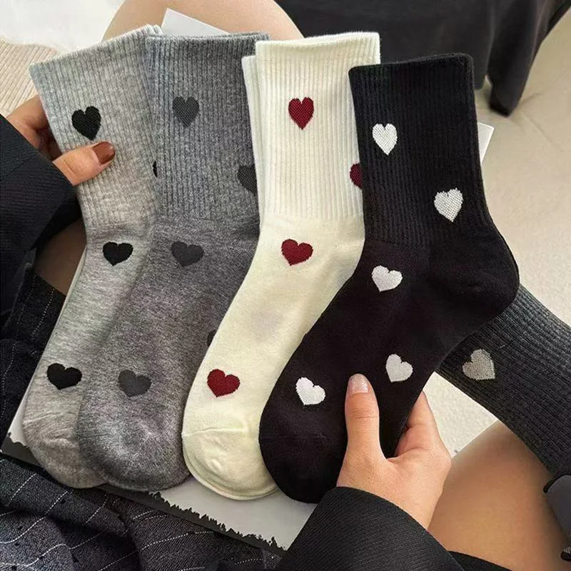 1/5 Pairs Women Cute Heart Print Mid Calf Socks Spring Autumn Ins Trendy Versatile Sweet Casual Daily Socks