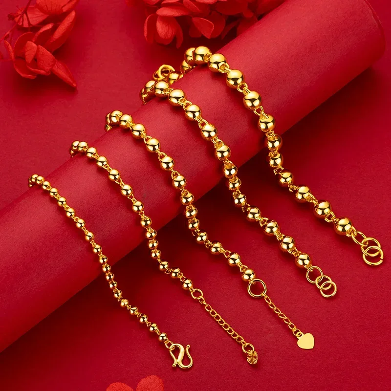 

9999 Real Gold 24K Buddha Bead Bracelet Women's Fashion Glossy Solid Round Pearl Bead Bracelet