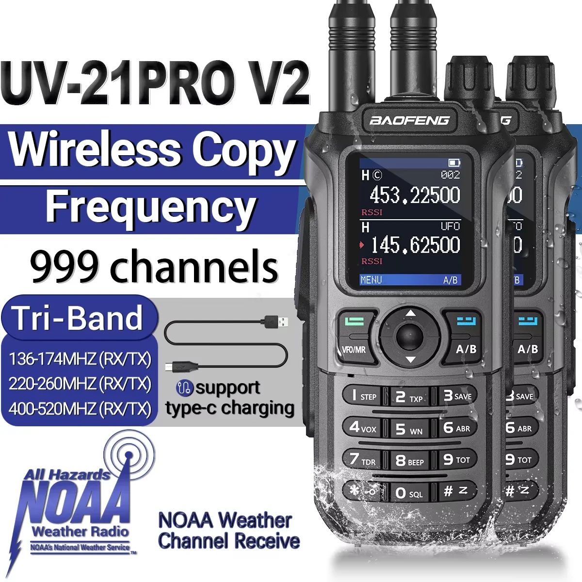 

walkie-talkie UV-21 PRO V2 Wireless Copy Frequency Walkie Talkie 999CH AM Long Range Waterproof Multi-Band Type-C Ham Radio