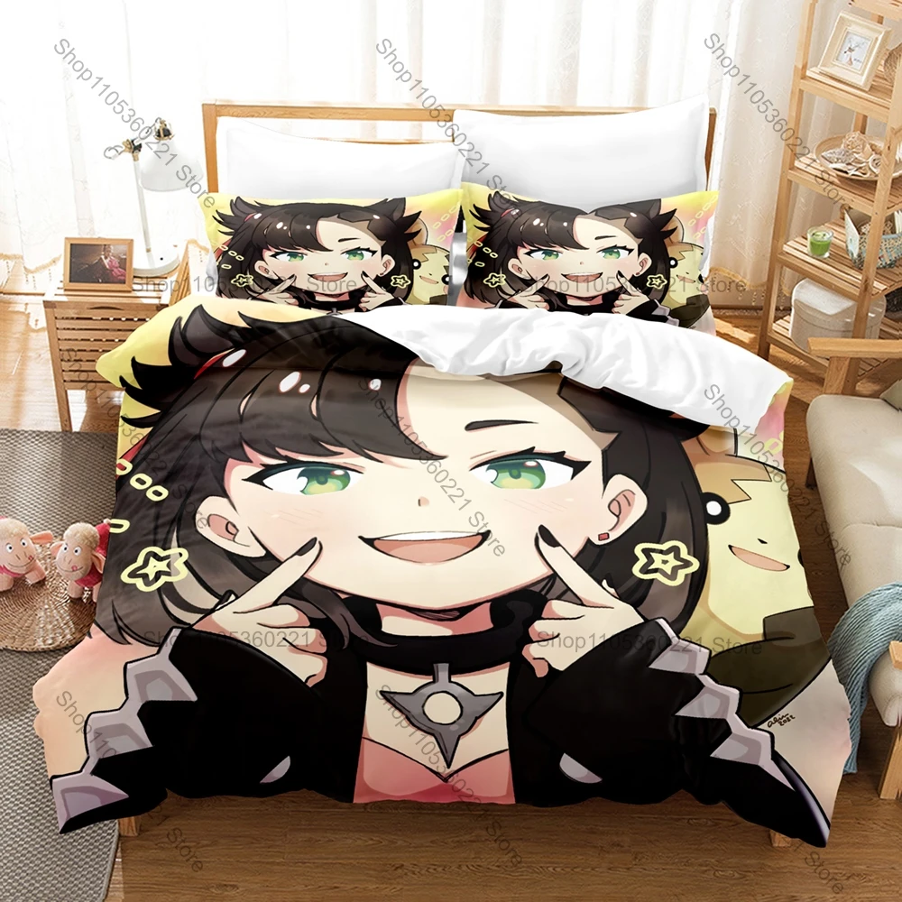 Marnie Duvet Cover + 2 Pillowcases Black White Minimal Anime Art Washable Polyester Bed Linen For Teen Game Fans Gift