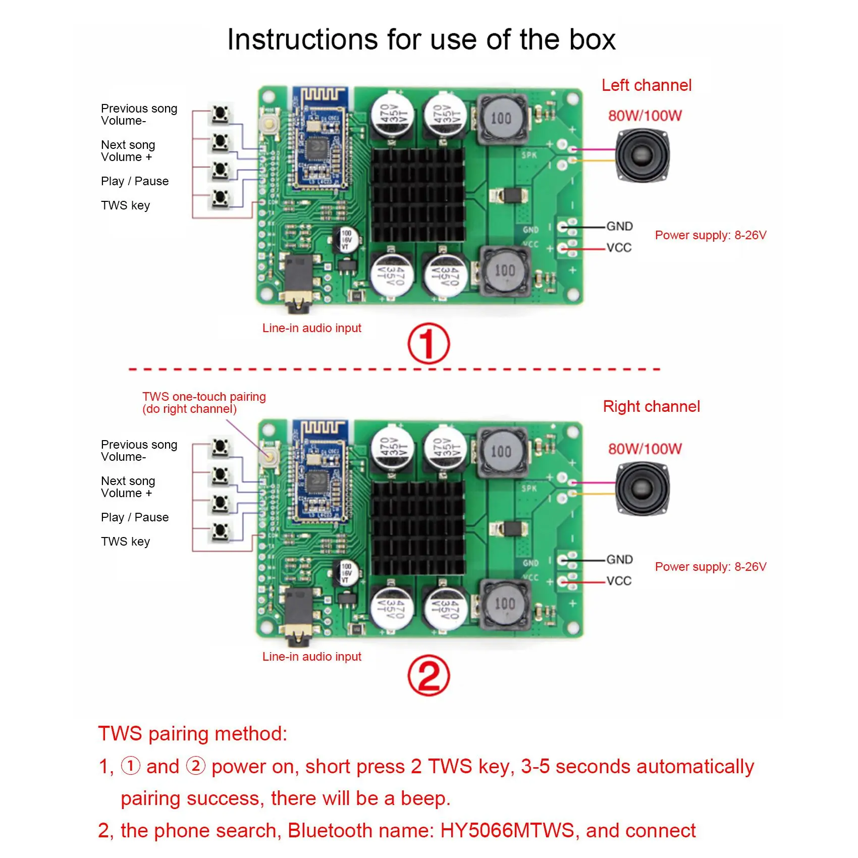 Bluetooth 5.0 Amplifier Board TWS AUX 80/100W Serial Port To Change Name Mono Stereo Module Wireless Stereo Amplificador