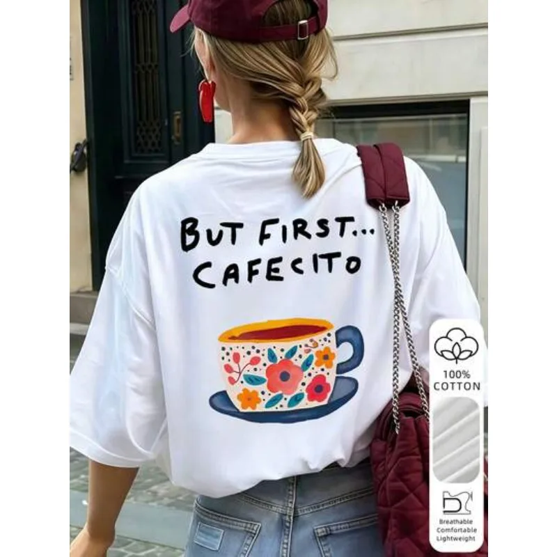 Vintage But First Cafecito Letter Print Women T-shirt Cotton Shirt Casual Casual Graphic Top Crew Neck Short Sleeve Tee Oversize