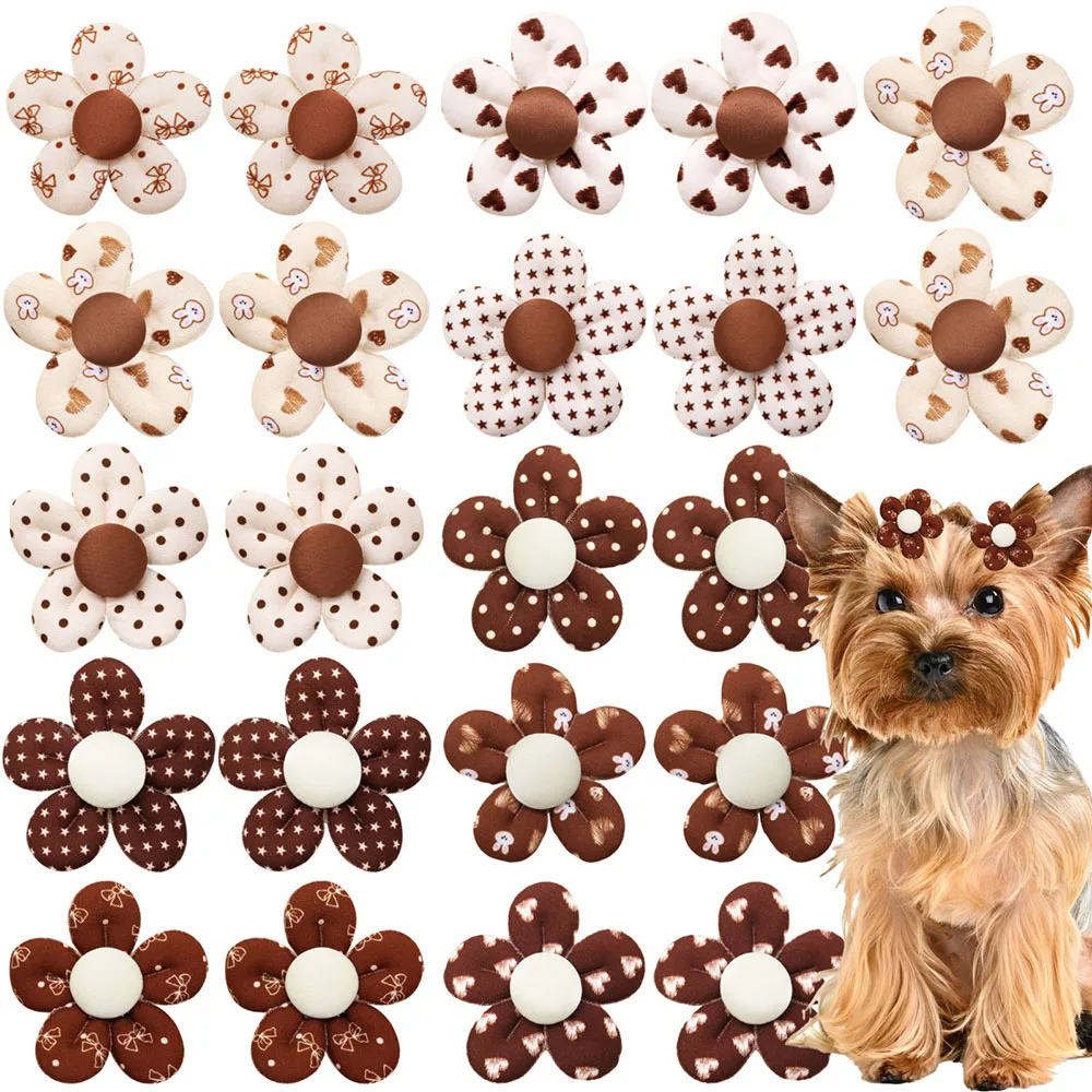 

10/20/30PCS Brown Flower Dog Bows With Rubber Bands Handmade Puppy Bowknots Hair Accessories For Dogs Pet Dog Supplies