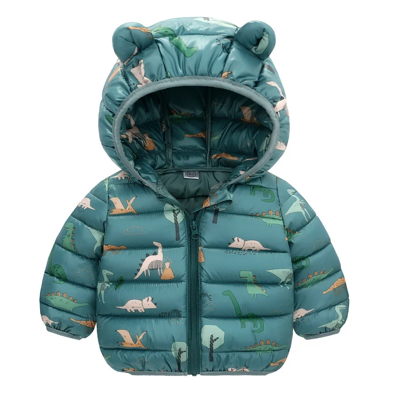 Baby Boys Girls Down Coats Long Sleeve Cartoon Dinosaur Print Jackets 1-5Yrs Kids Hooded Zipper Outerwear Spring Autumn