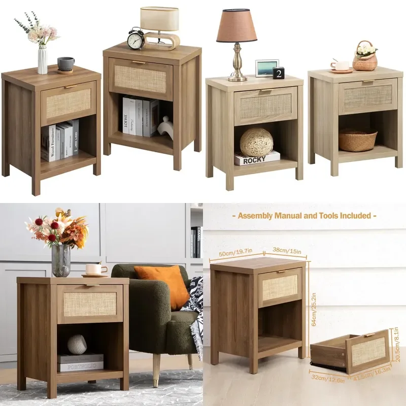 Modern Rattan Nightstand with Single Drawer Compact Bedroom Storage Table Simple Wicker Bedside Furniture for Small Spaces