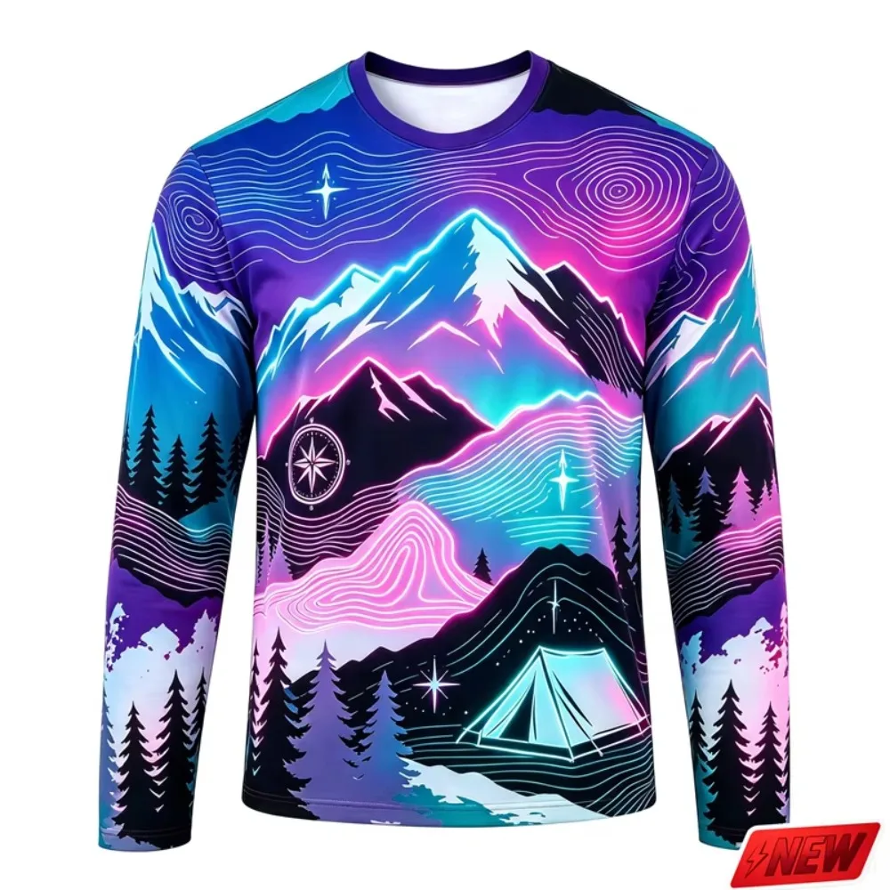 Men 3D Printed Mountain Camping Wilderness Long Sleeve T Shirt,  Compass Tent Forest Topographic Map Graphic Outdoor Casual Tops