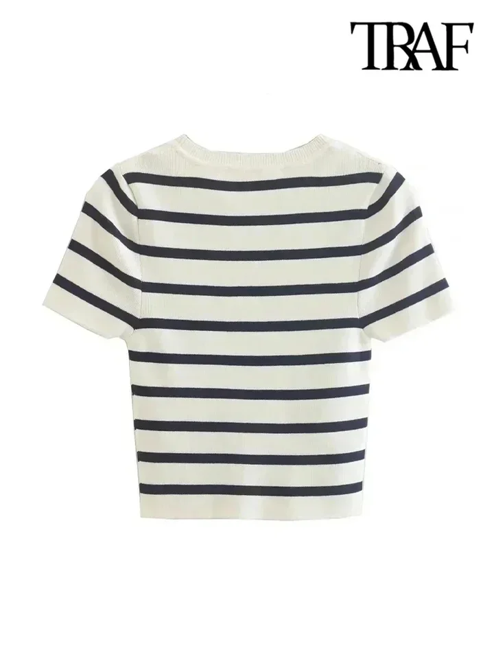 Women Fashion Striped Basic Cropped Knit Sweater Vintage O Neck Short Sleeve Female Pullovers Chic Tops