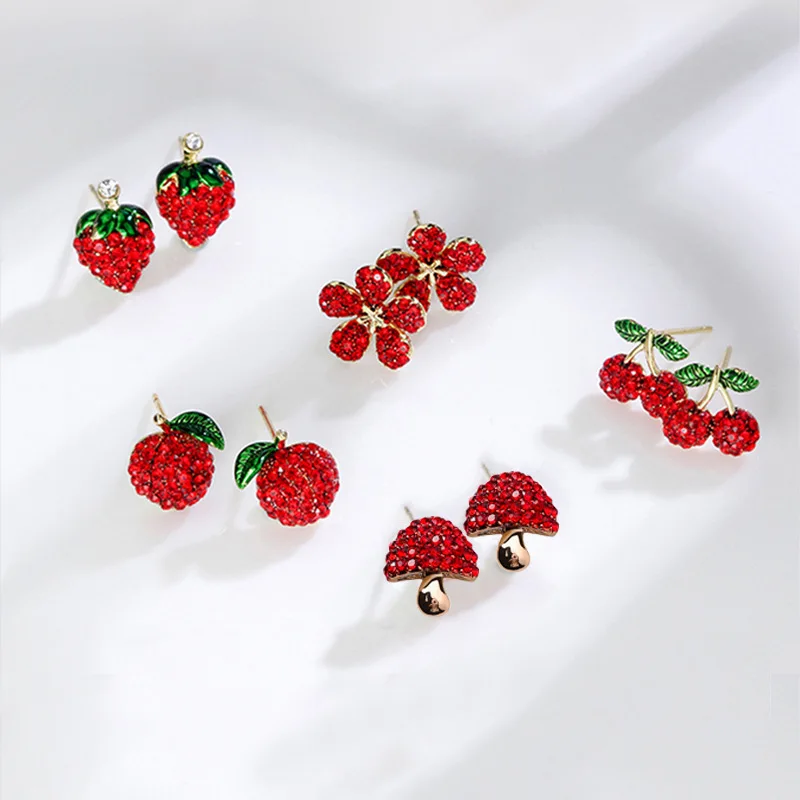 Red Cherry Strawberry Ear Stud Earrings Glitter Rhinestone Cute Fruit Dangler For Women Girls Ladies Fashion Chic Jewelry 2023