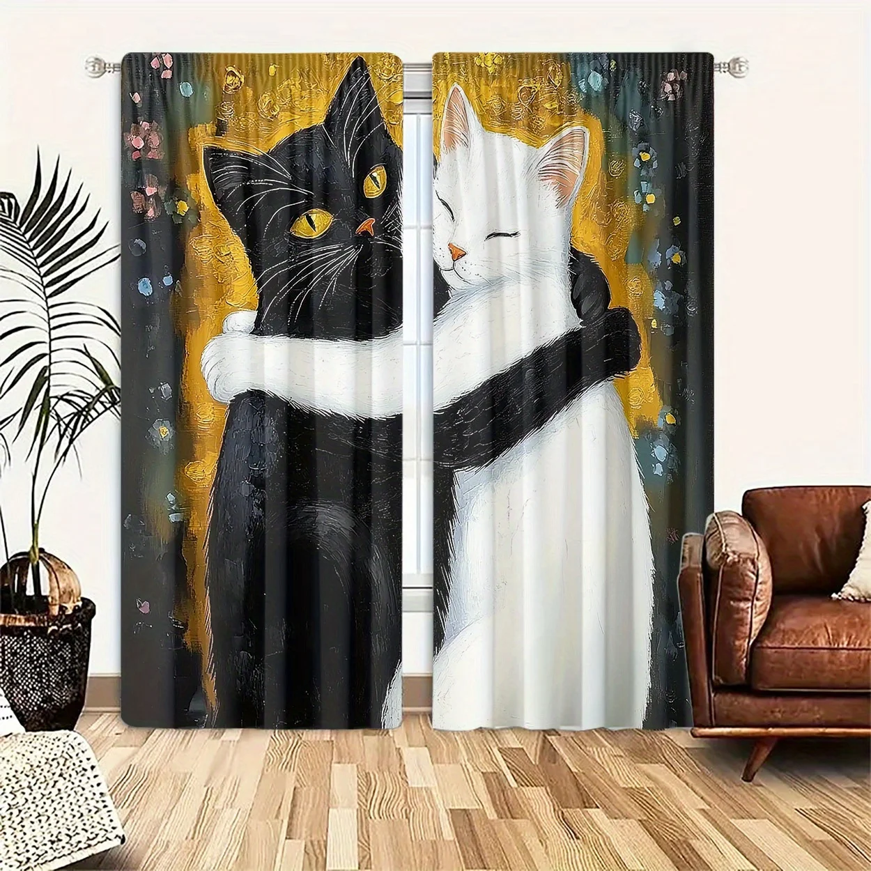 Embracing Cats Curtains 2-Pack, Black White Art Deco Print 100% Polyester Peach Velvet Fade Resistant for Bedroom Living Room