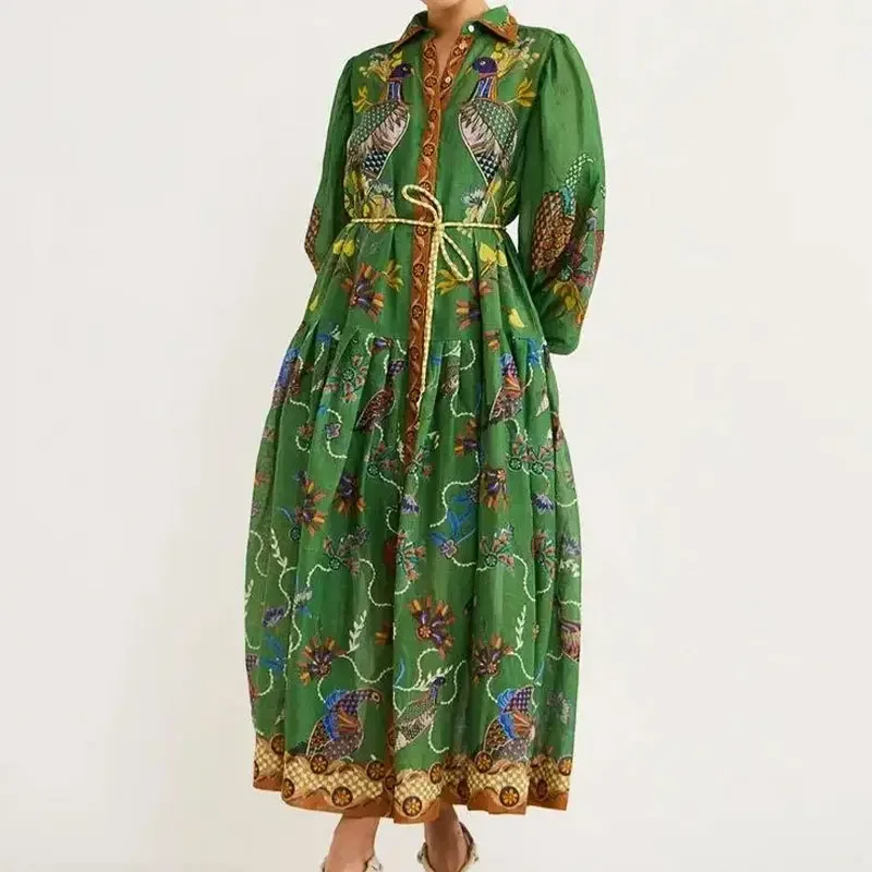 Vintage Puff Sleeve Midi Dress For Women Elegant Turn-down Collar Buttons Green Pleated Dresses Ladies Evening Holiday Robes