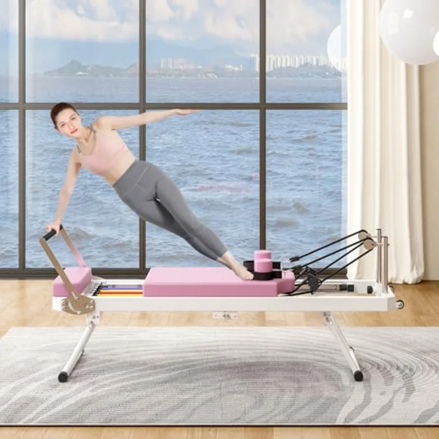 

Pink Foldable Pilates Reformer Machine 330.5lbs Capacity Home Fitness Equipment with 5 Resistance Bands Commercial Quality Core